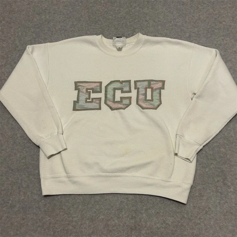 Vintage Lee ECU‎ Crewneck Sweatshirt Ivory Size L Graphic Print